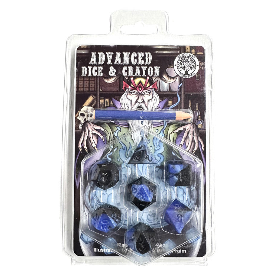 7-Set Advanced Dice & Crayon Set: Black/Blue Swirl