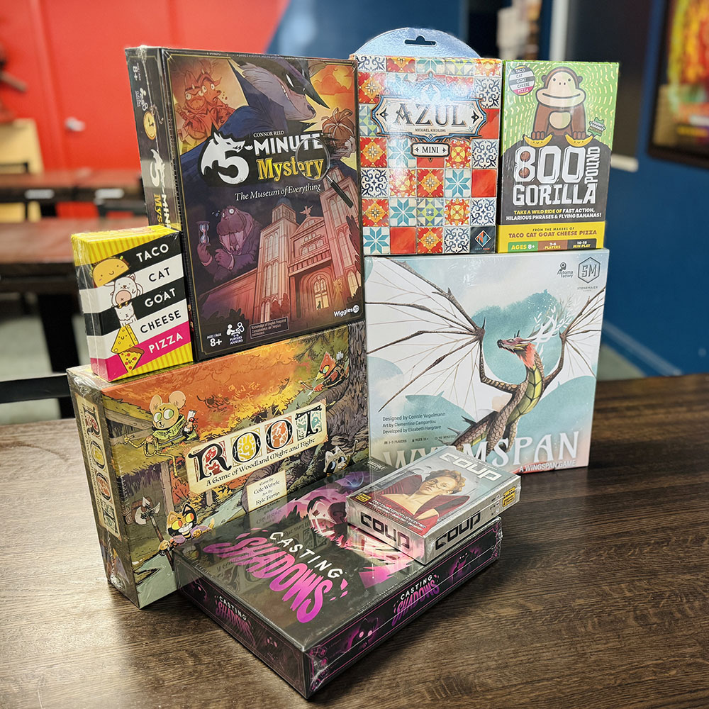 A wide variety of board and card games on display